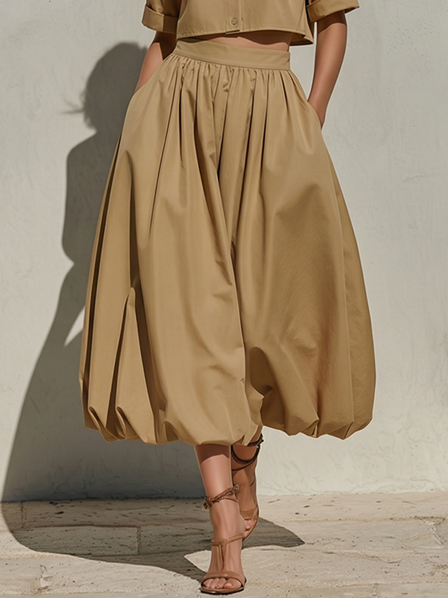Cotton Blend Pleated High Waist A-Line Midi Skirt for Women