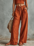 Leinen-Hosenanzug für Damen, rostfarbenes Crop-Top und High-Waist Palazzo-Hose, Boho-Sommer-Outfit