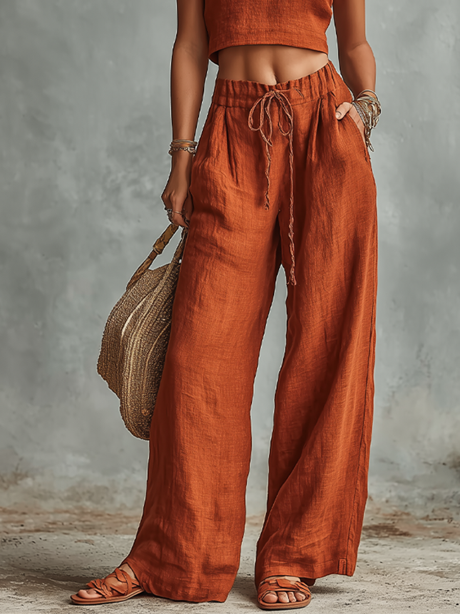 Linen Wide Leg Pants Set Women Rust Color Crop Top & High Waist Palazzo Pants Boho Summer Outfit
