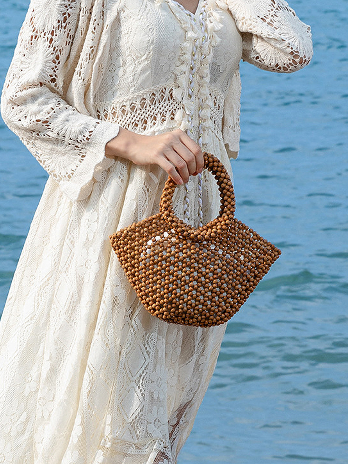Wooden Bead Woven Tote Bag with Cotton Pouch