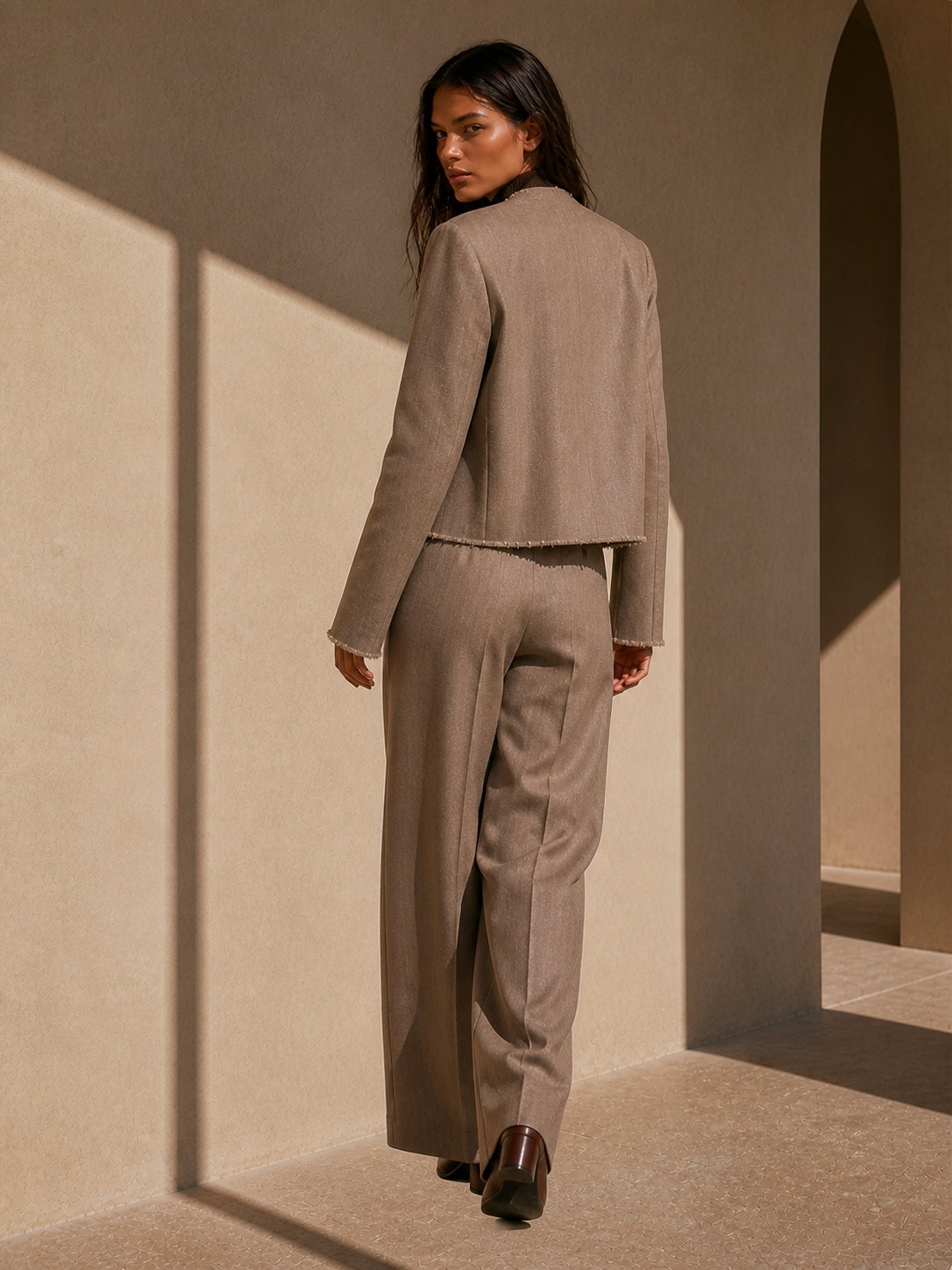 Pearl Trim Wool Blend Jacket Trousers Set