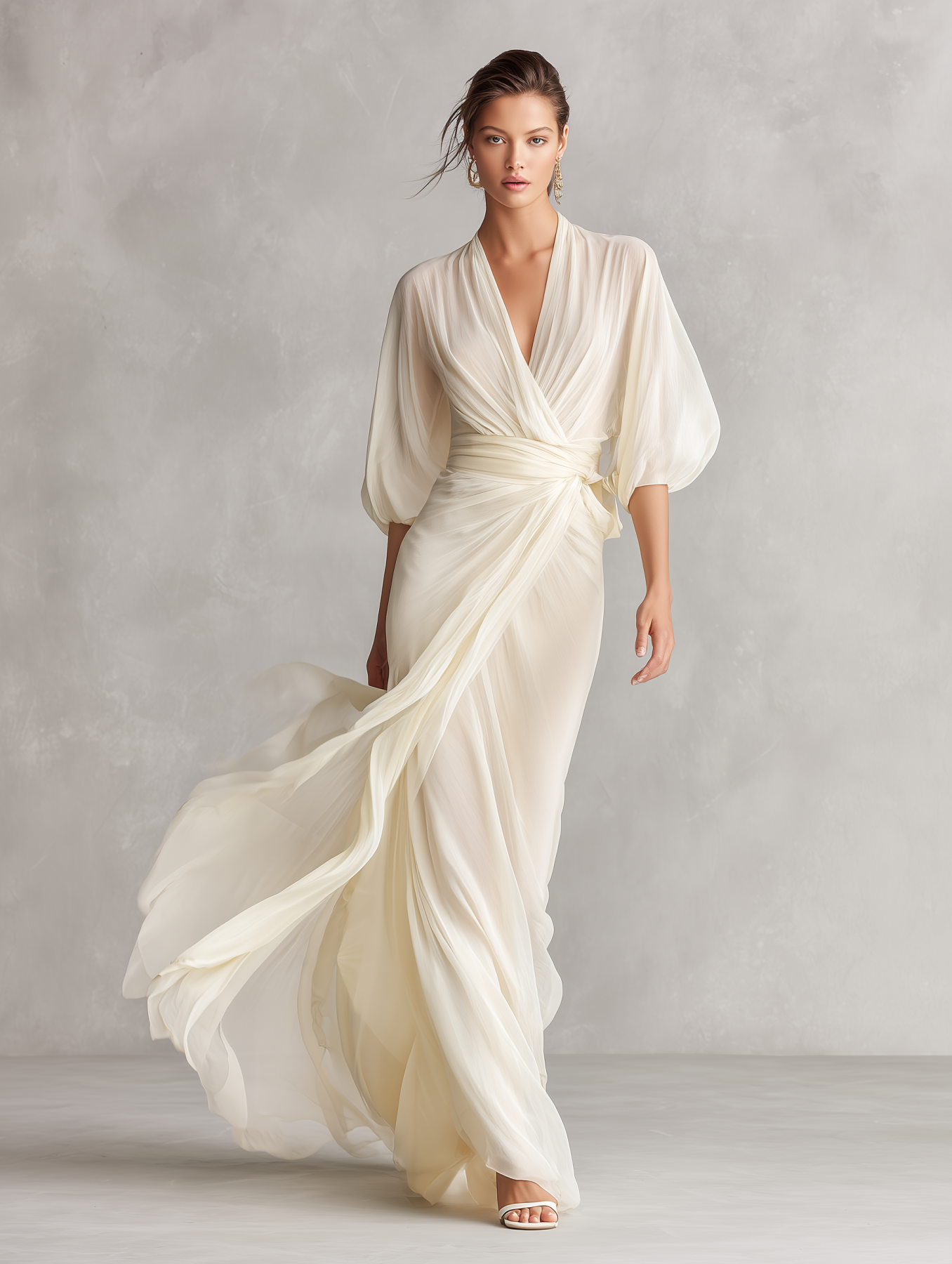 Chiffon Wrap Maxi Dress with V-Neck and Flowing Sleeves