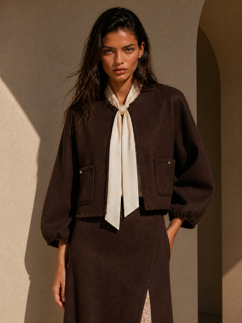 Button Cropped Cardigan Skirt Set