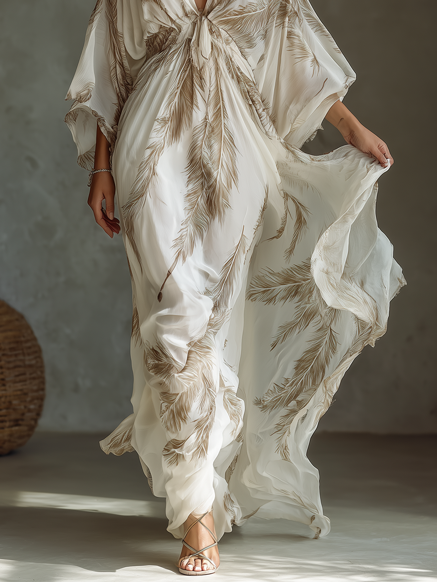 Chiffon Palm Print Maxi Dress with Deep V-Neck and Wide Sleeve for Boho Summer Beach Wear