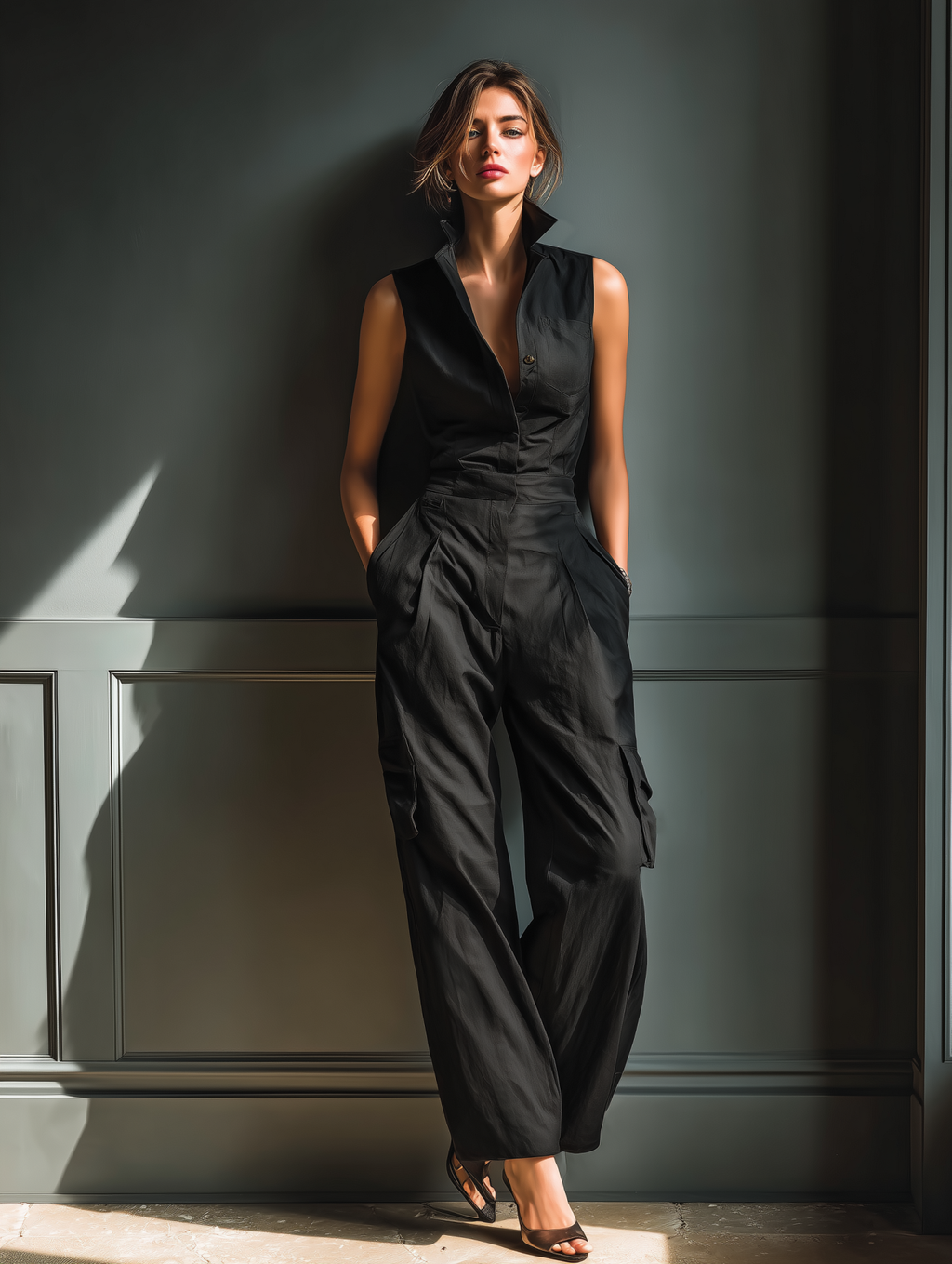 Cotton Blend Sleeveless Wide Leg Jumpsuit with Deep V-Neck and Cargo Pockets