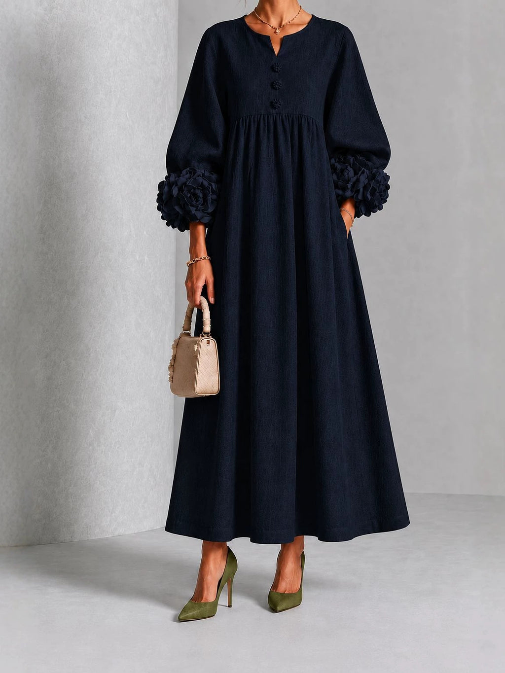 V-Neck Floral Lantern Sleeve Flowy Dress