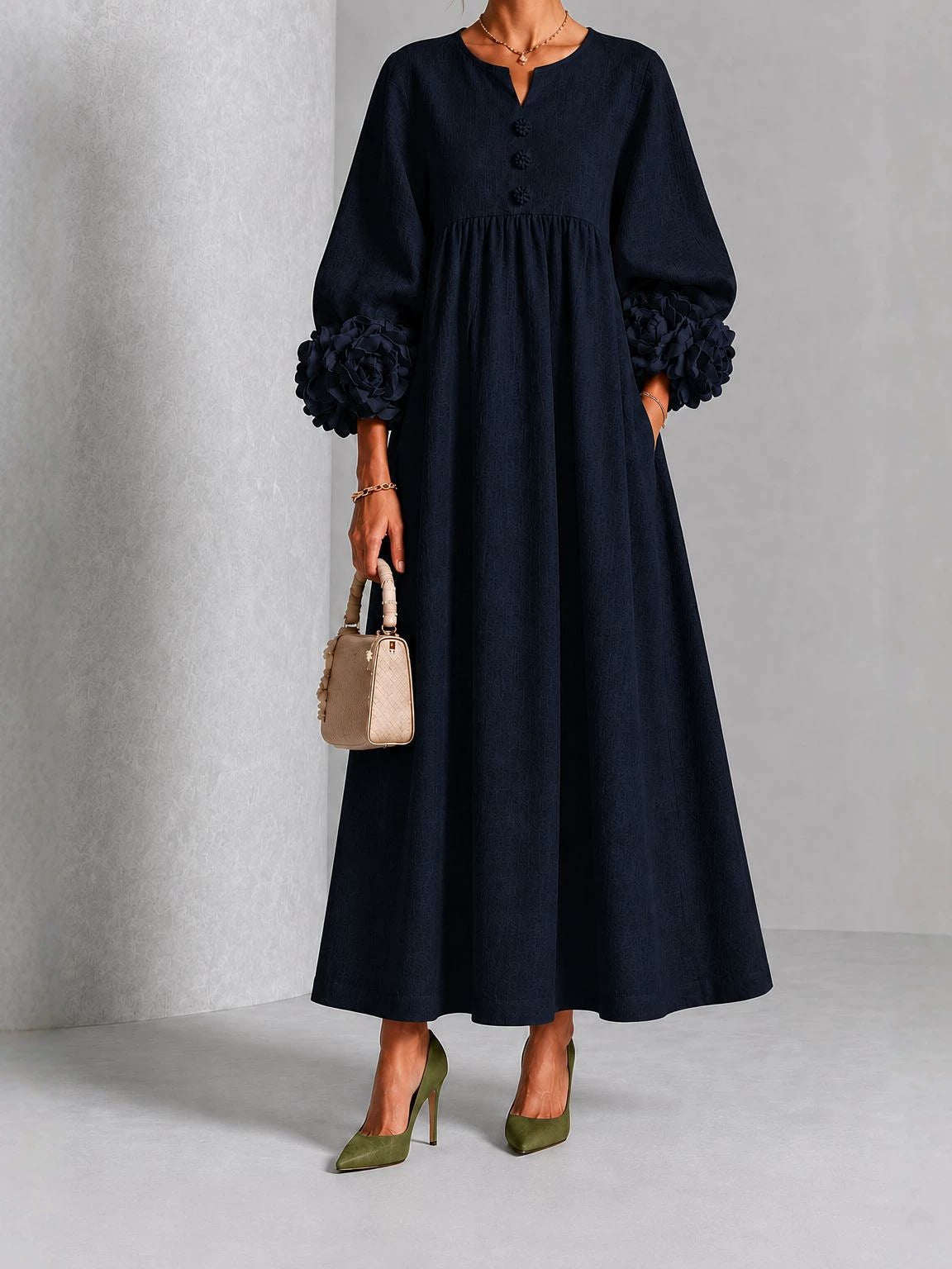 V-Neck Floral Lantern Sleeve Flowy Dress