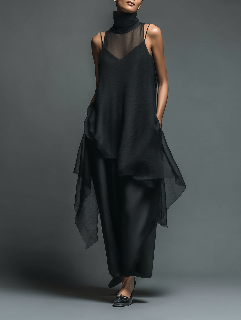 Black Sheer Mesh Sleeveless Dress with High Neck and Asymmetric Hem for Women