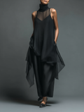 Black Sheer Mesh Sleeveless Dress with High Neck and Asymmetric Hem for Women