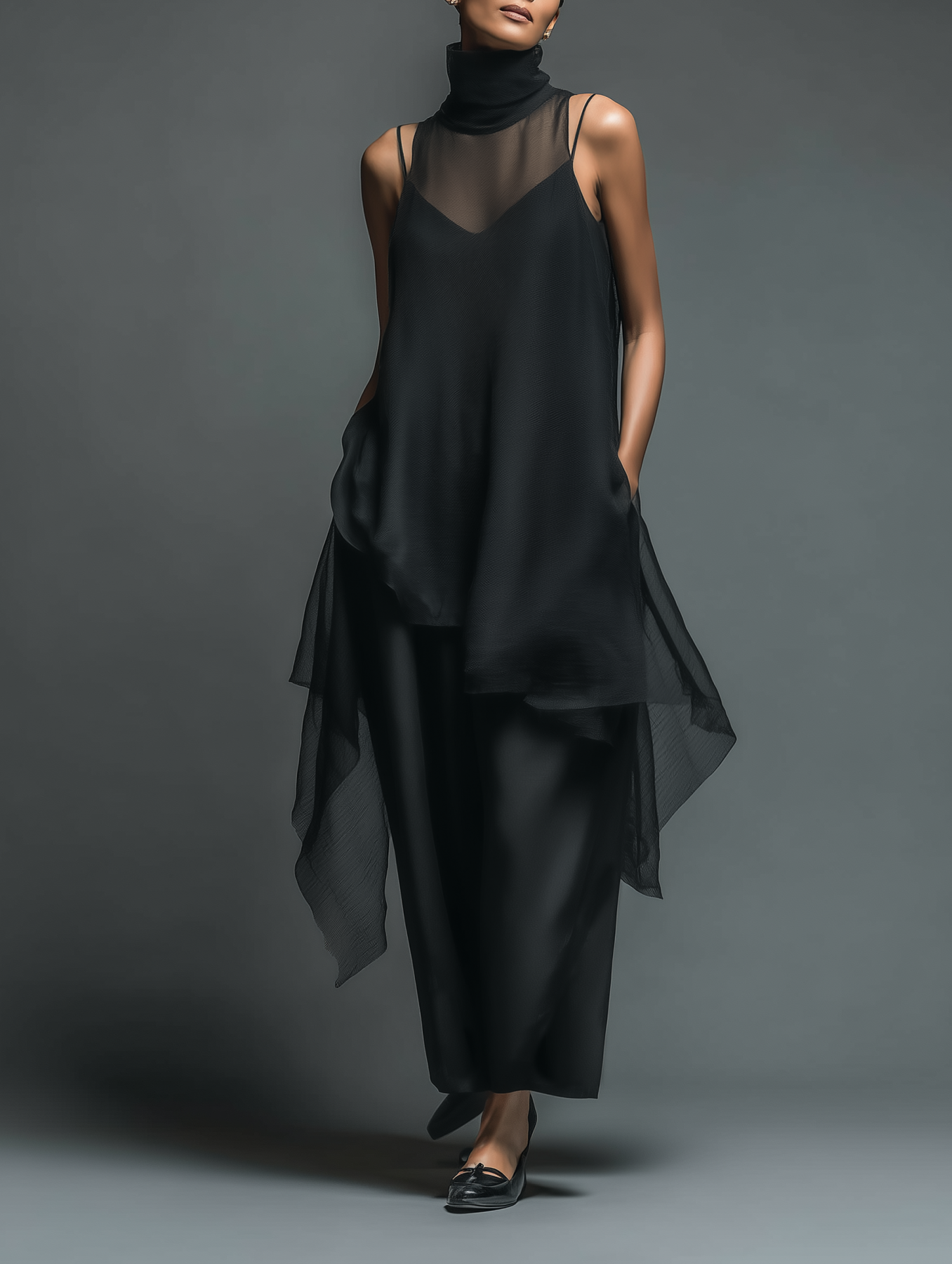 Black Sheer Mesh Sleeveless Dress with High Neck and Asymmetric Hem for Women