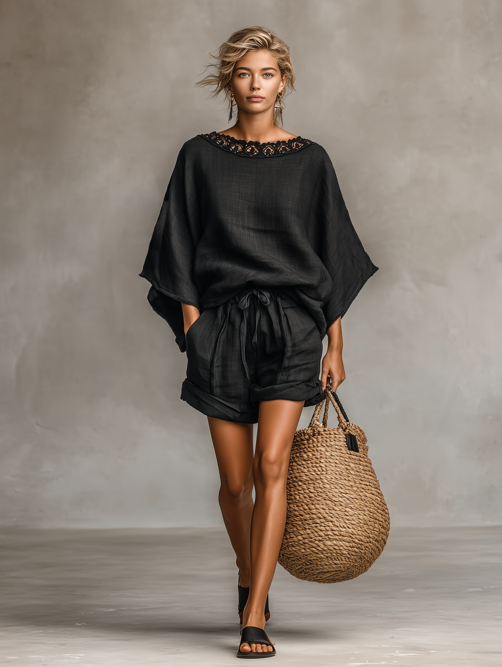 Linen Boho Style Women's Loose Top and Shorts Set with Lace Trim and Drawstring Waist