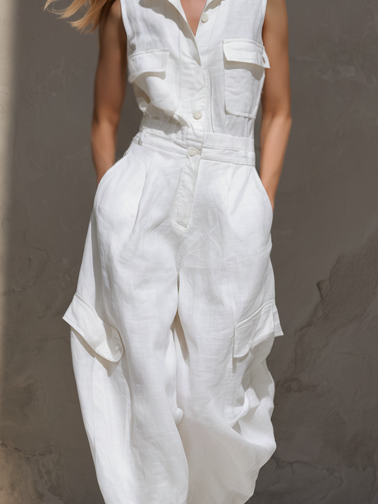 Linen Sleeveless Cargo Jumpsuit for Women - White Oversized Utility Overall with Button Front and Pockets