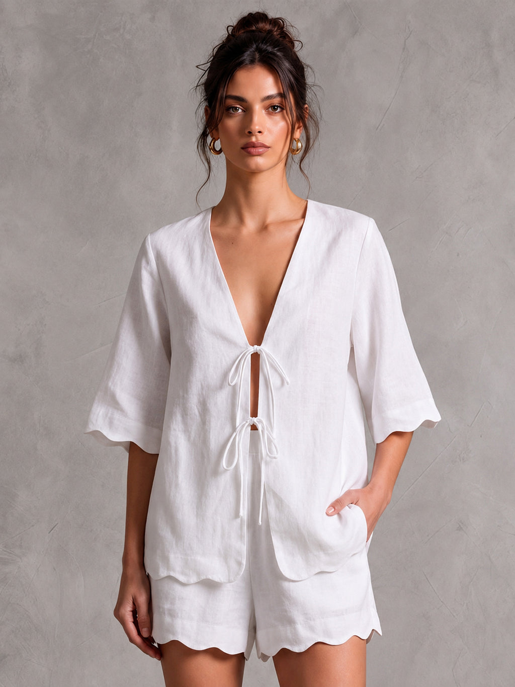Linen V-Neck Tie-Front Blouse with 3/4 Sleeves & Scallop Hem