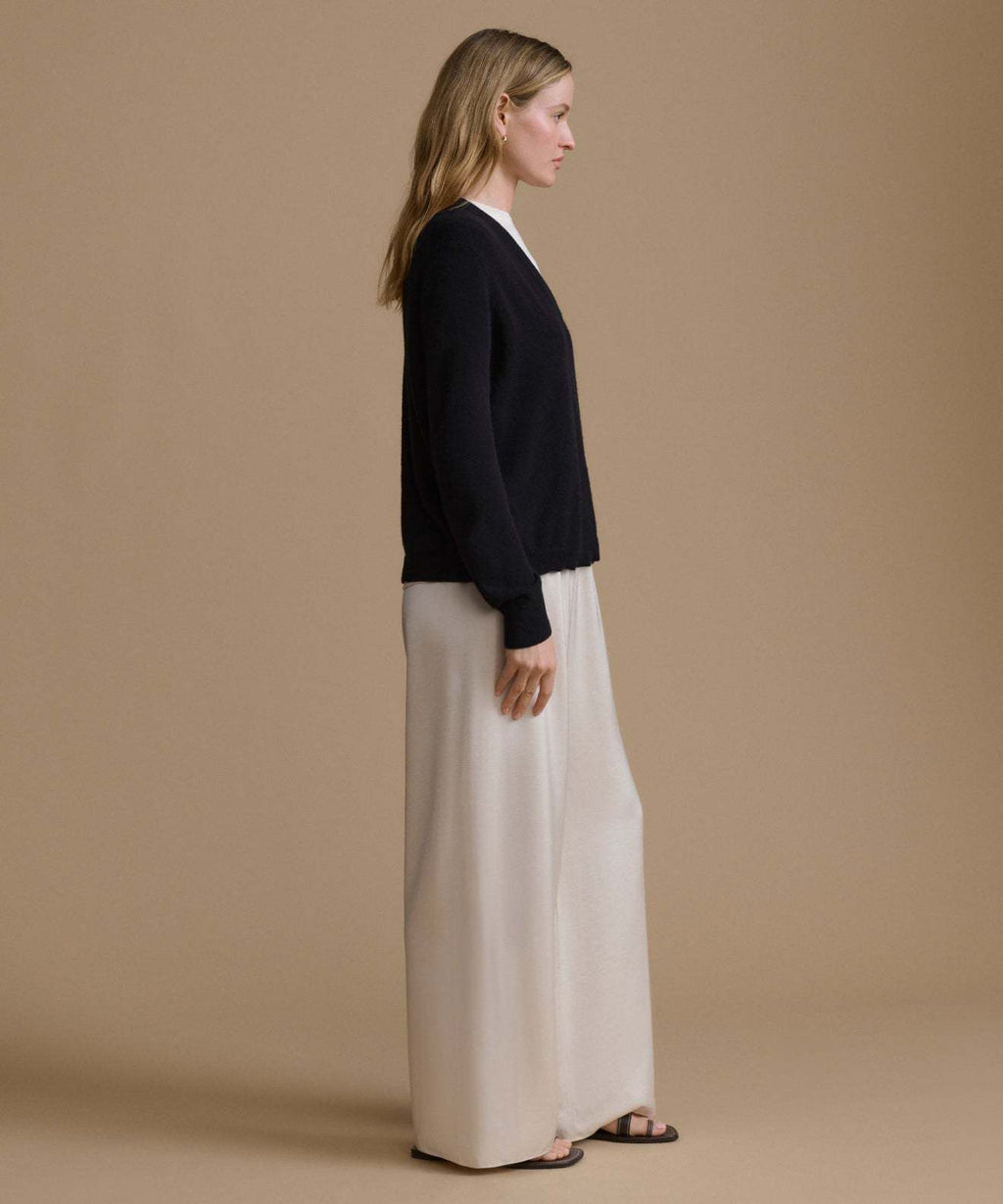 Soft Knit V-Neck Sweater with Relaxed Fit and Wide Leg Trousers Set
