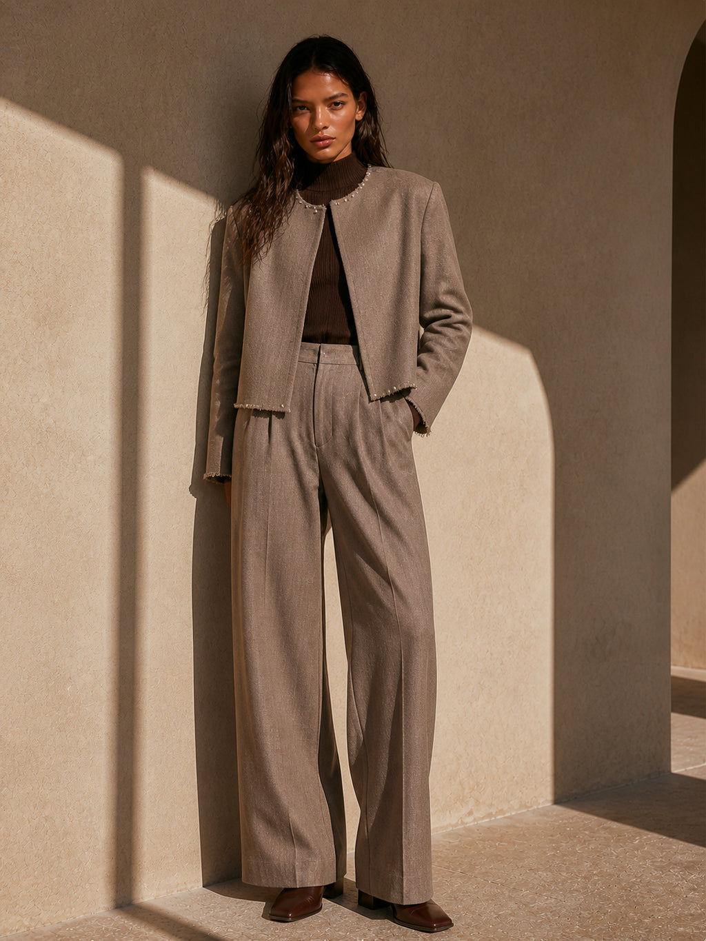 Pearl Trim Wool Blend Jacket Trousers Set