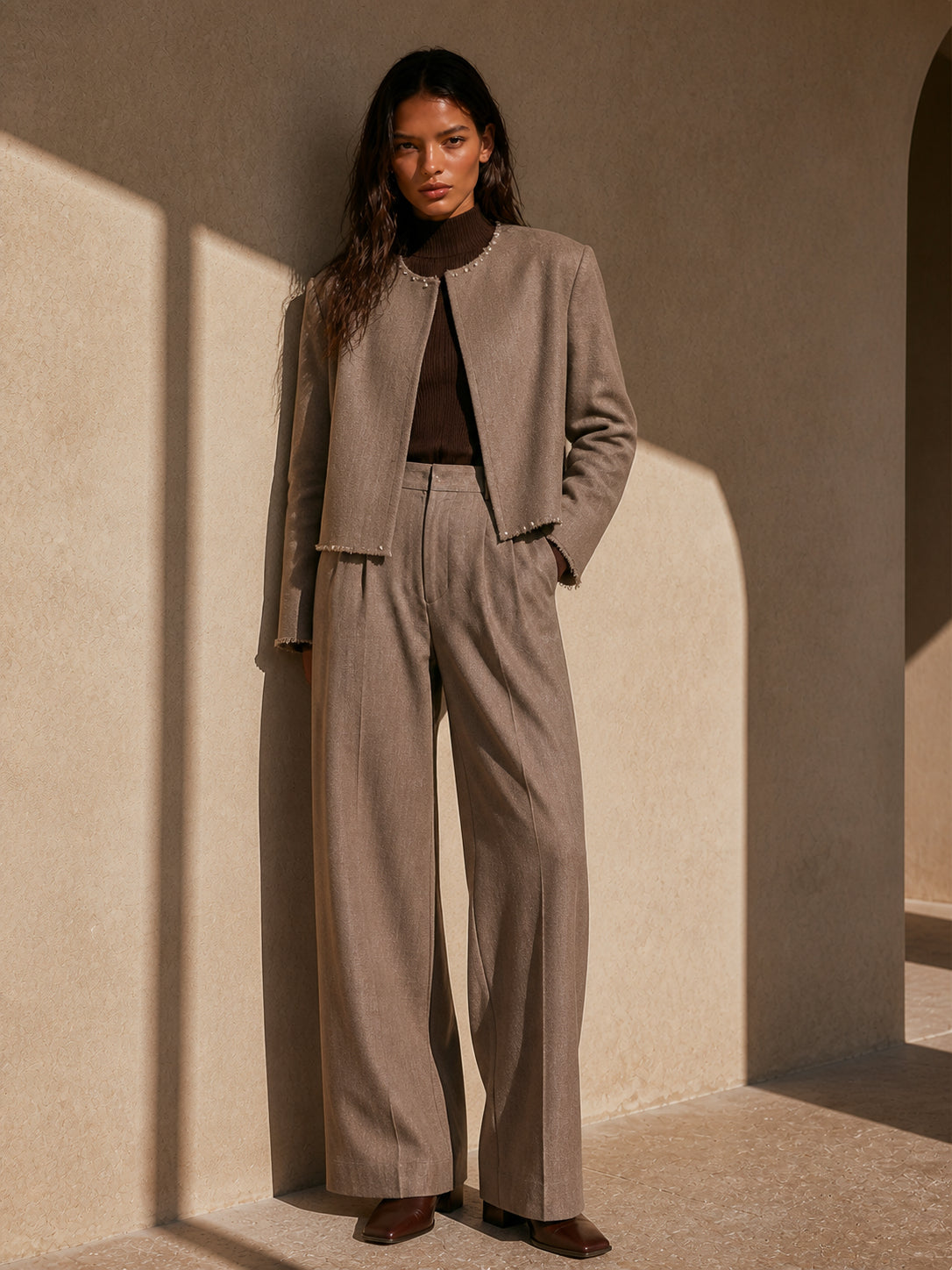 Pearl Trim Wool Blend Jacket Trousers Set