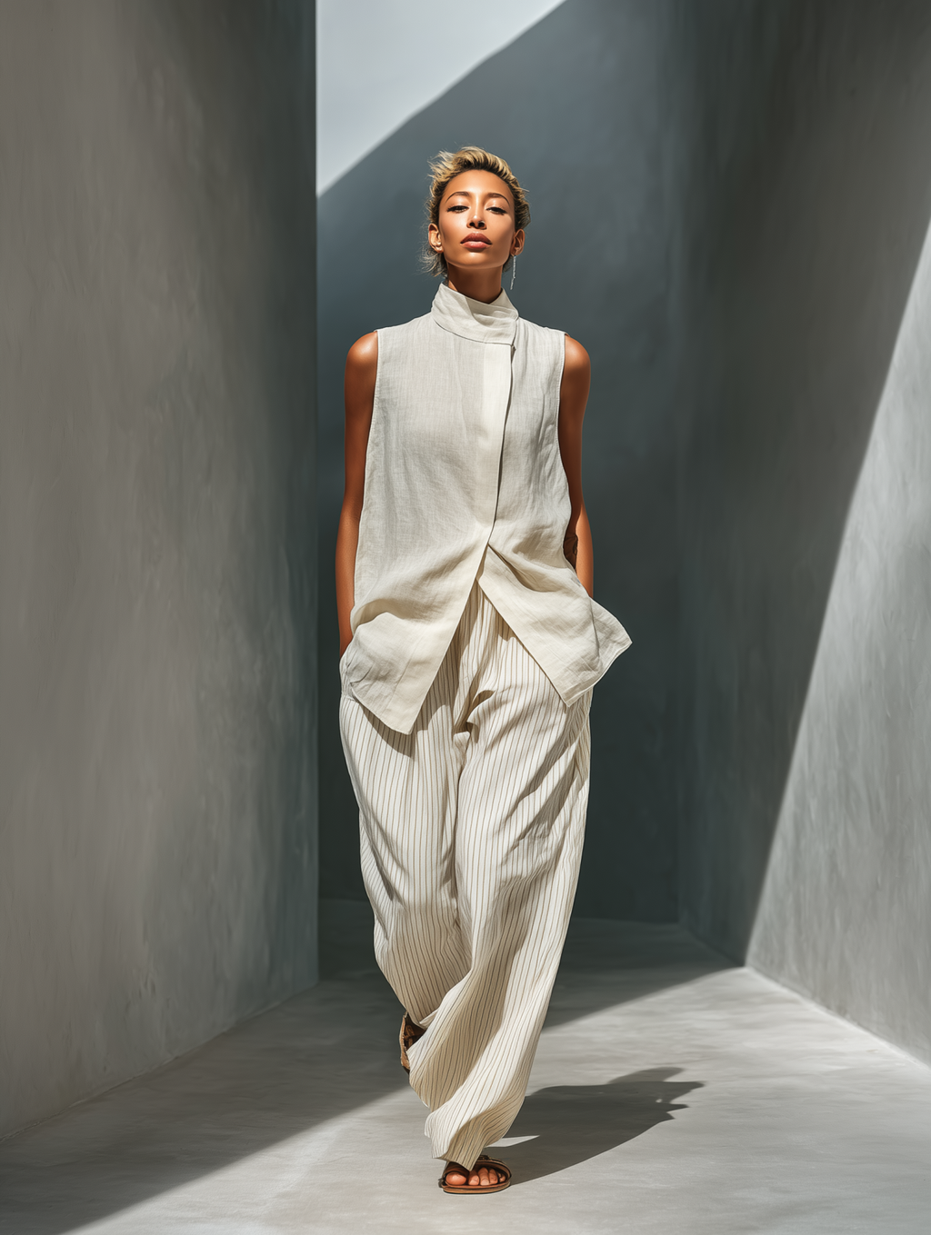 Linen Sleeveless Turtleneck Top with Draped Front and Striped Wide-Leg Pants Set