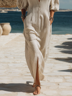 Robe midi bohème décontractée rayée noire et beige boutonnée