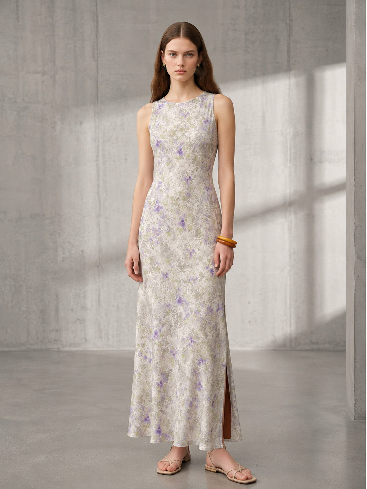 Silk Pastel Floral Draped Maxi Dress