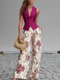 Chic Sleeveless Vest And Floral Wide Leg Trousers Set