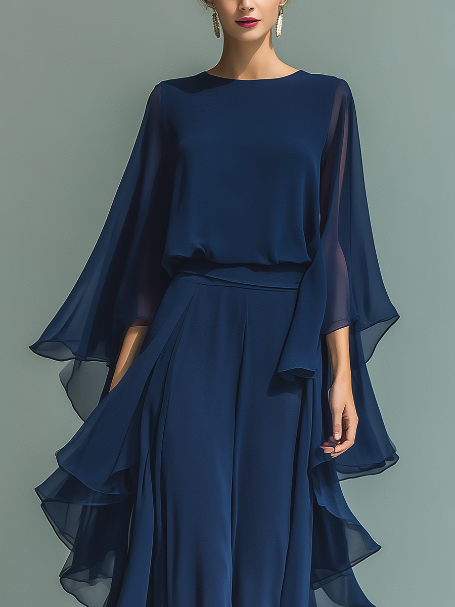 Chiffon Long Sleeve Layered Ruffle Maxi Dress for Women Elegant Navy Blue Formal Evening Gown with Cape Sleeves