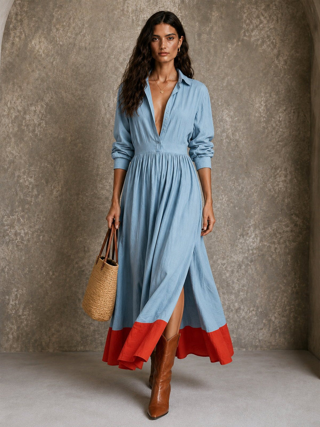 Contrast-Hem Maxi Shirt Dress