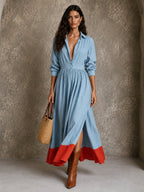 Contrast-Hem Maxi Shirt Dress