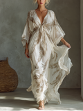 Chiffon Palm Print Maxi Dress with Deep V-Neck and Wide Sleeve for Boho Summer Beach Wear