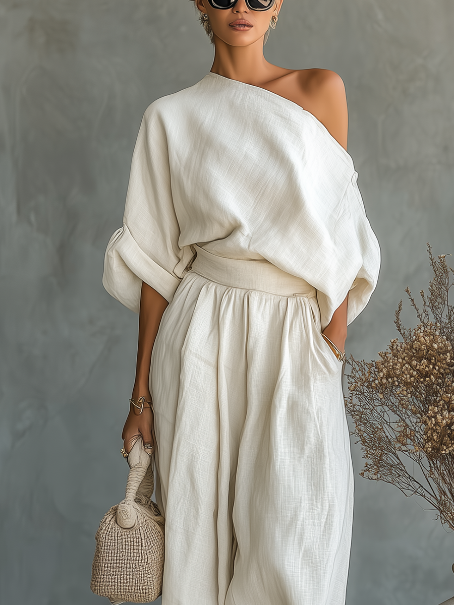One Shoulder Loose Top and Wide Leg Pants Two Piece Set