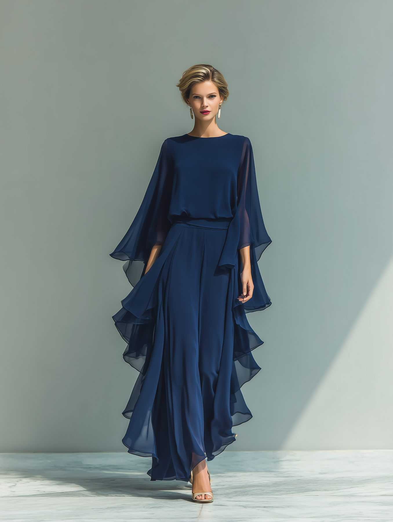 Chiffon Long Sleeve Layered Ruffle Maxi Dress for Women Elegant Navy Blue Formal Evening Gown with Cape Sleeves
