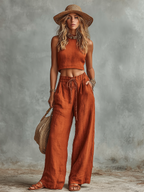 Leinen-Hosenanzug für Damen, rostfarbenes Crop-Top und High-Waist Palazzo-Hose, Boho-Sommer-Outfit