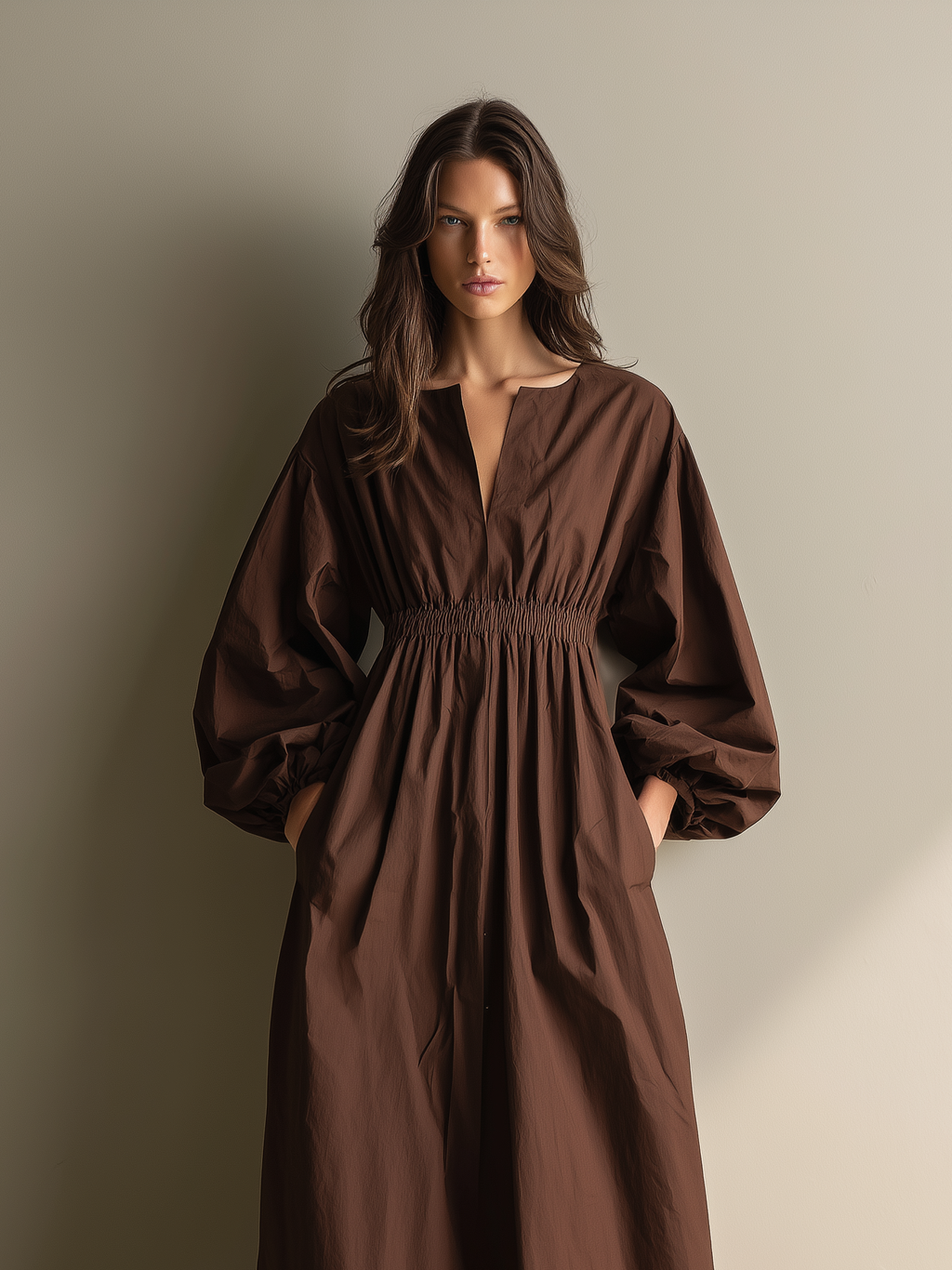 Cotton Linen Maxi Dress with Elastic Waist and Puff Sleeves