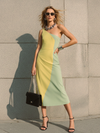 Damen Midi-Kleid aus Baumwollmischung mit asymmetrischen Farbblöcken – Moderner One-Shoulder-Bodycon-Stil mit schlanker Passform und schickem Design