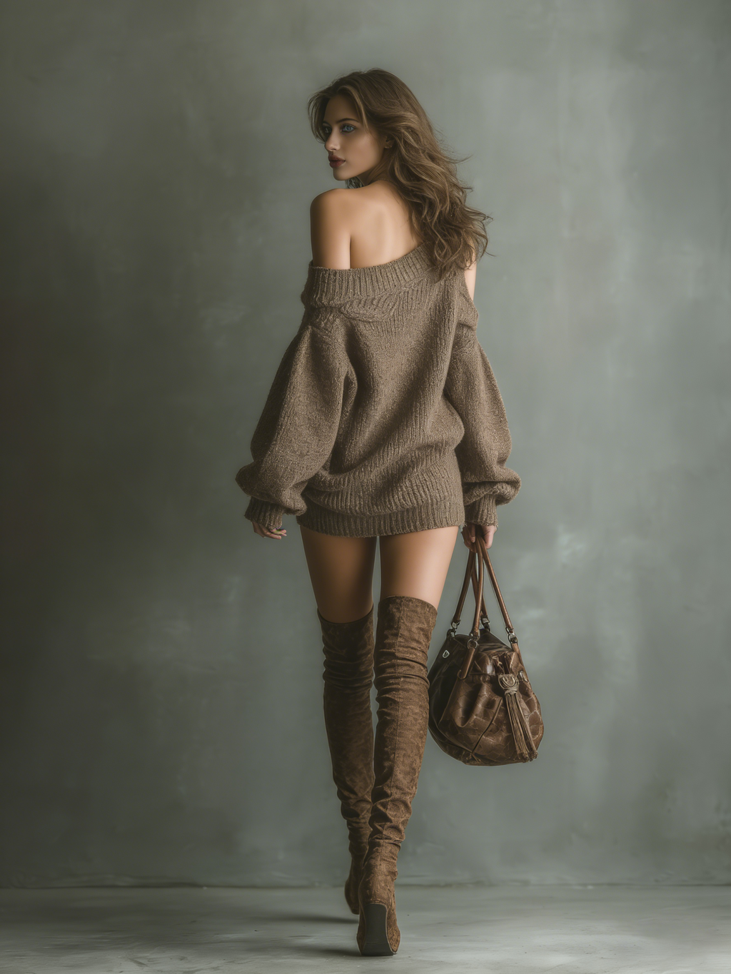 Knitted Wool Blend Off-Shoulder Oversized Sweater Dress for Women