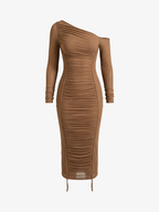 One-Shoulder Mesh Ruched Bodycon Dress