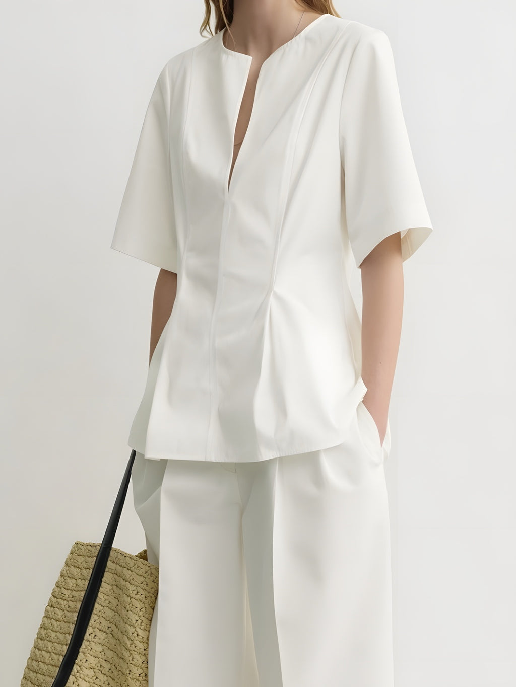 Split-Neck Cotton Tailored Blouse