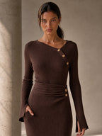 Gold Button Ribbed Wrap Midi Dress