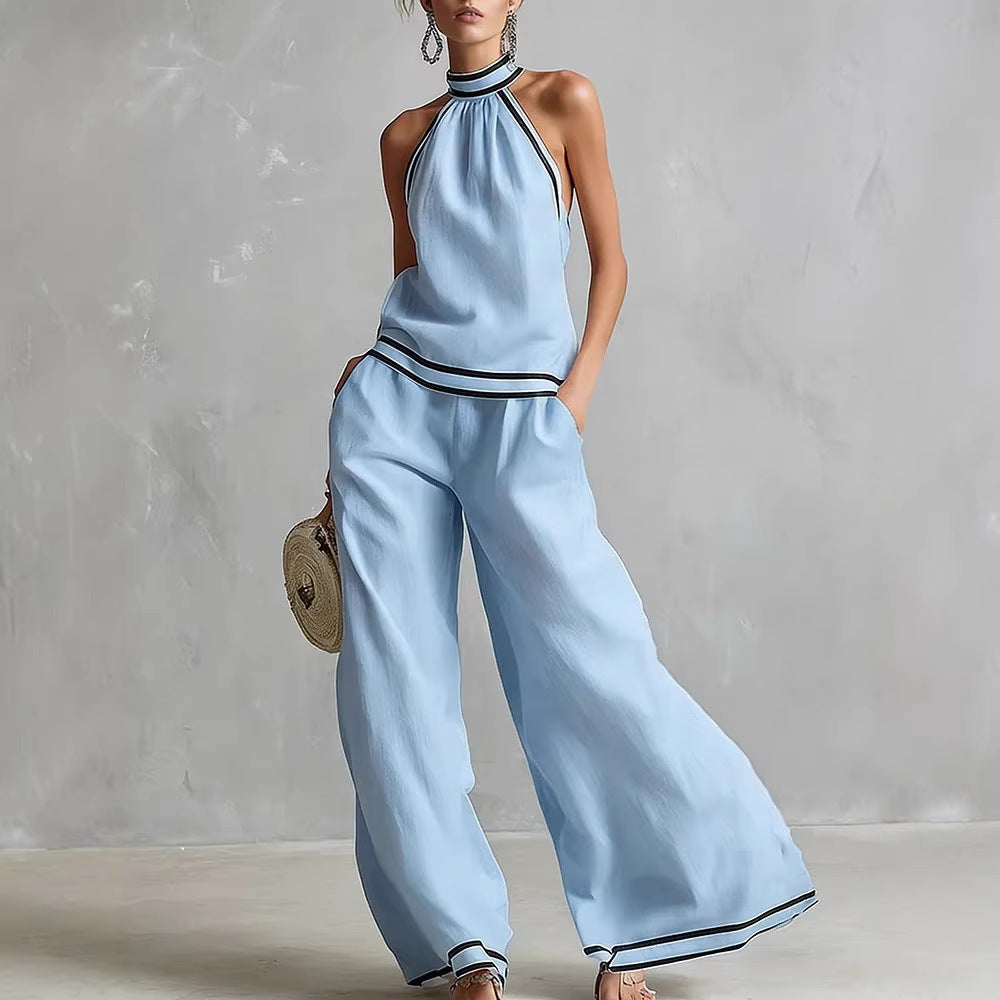 Contrast Trim Sleeveless Vest & Wide-Leg Pants Set