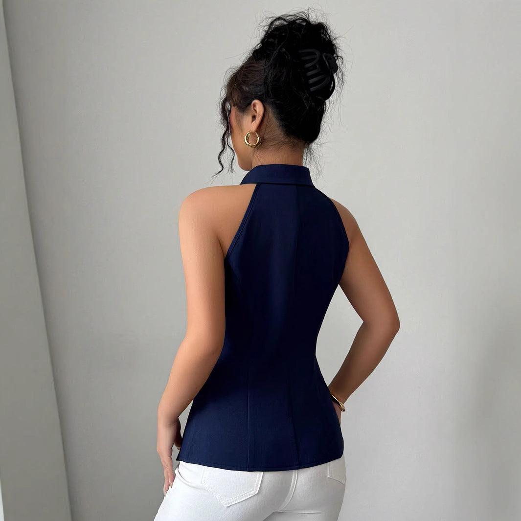 Chic Navy Gold Button Waistcoat Top