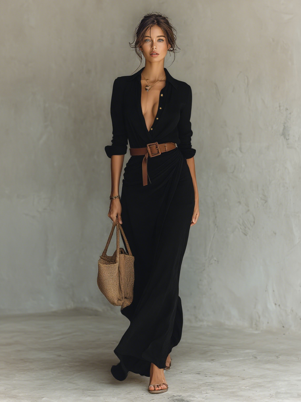 Silk Long Shirt Dress with Belted Waist and Deep V-Neck for Women