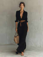 Vestido camisero largo de seda con cinturón y escote en V profundo para mujer.