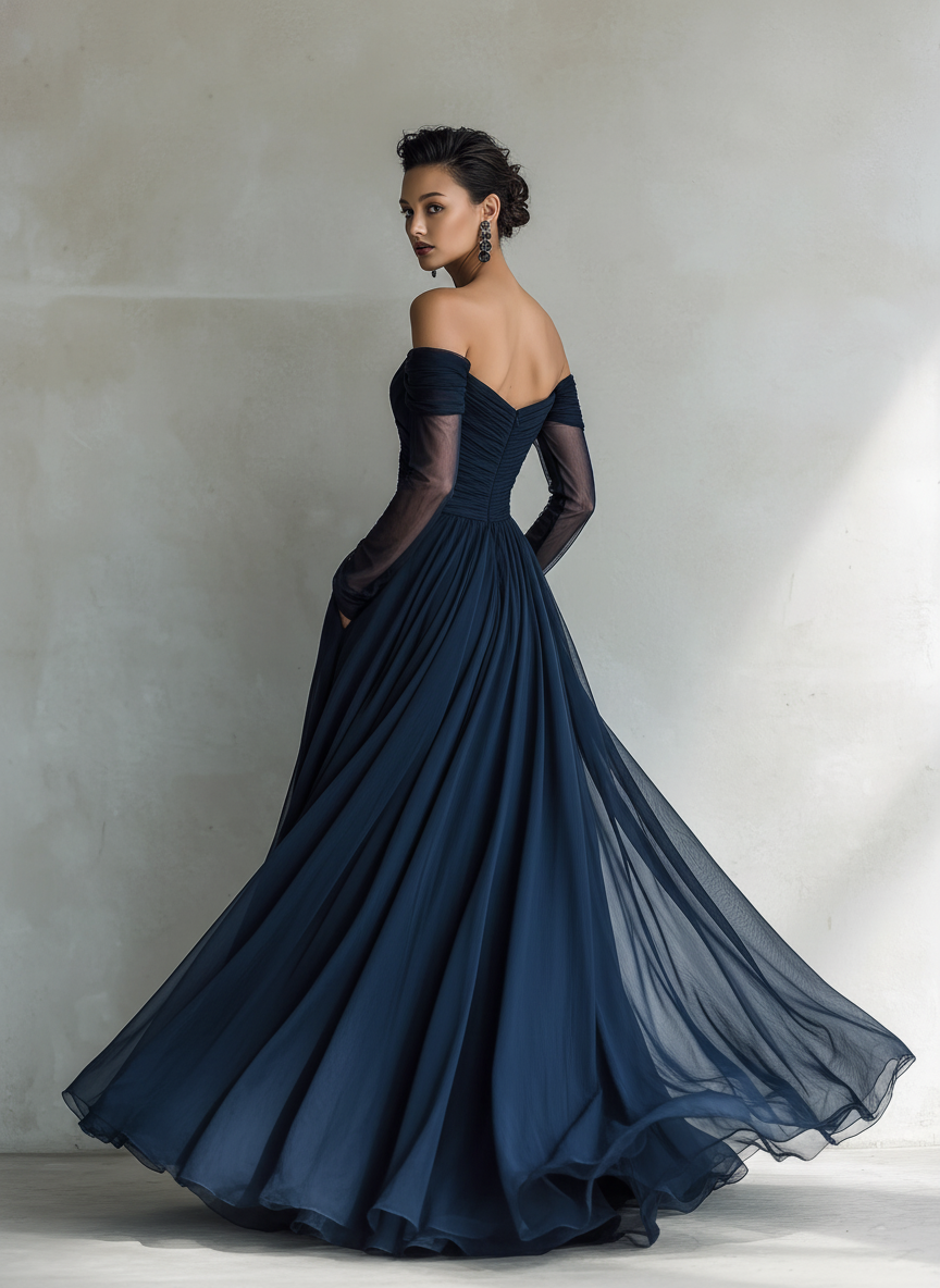 Chiffon Off-Shoulder Long Evening Gown with Sheer Sleeves and Ruched Bodice