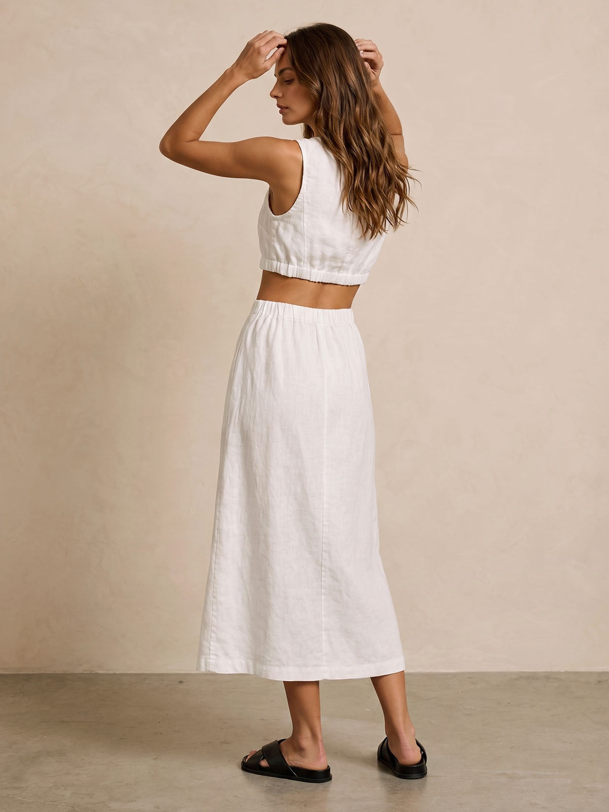 Button Slit Linen Midi Skirt