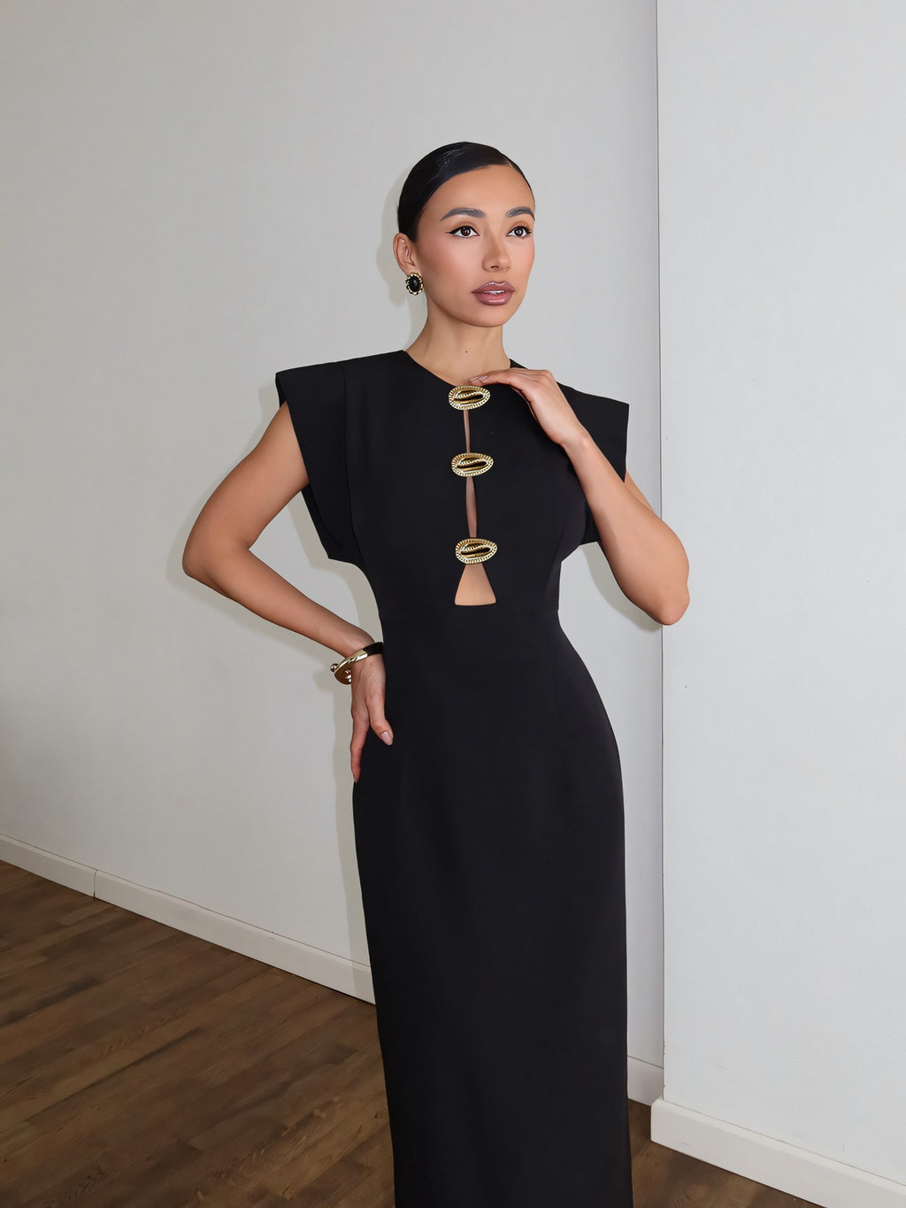 Metal Button Cut Out Midi Dress