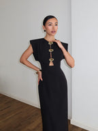 Metal Button Cut Out Midi Dress