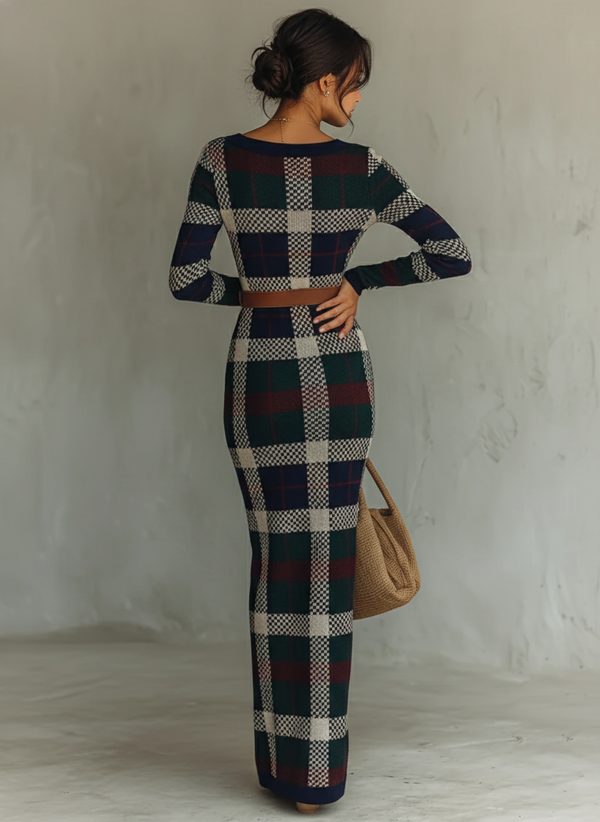 Knitted Plaid Long Sleeve Jumpsuit with Square Neck and Belted Waist for Women