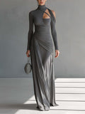 Stretch Knit Long Sleeve High Neck Draped Maxi Dress with Cut-Out Detail