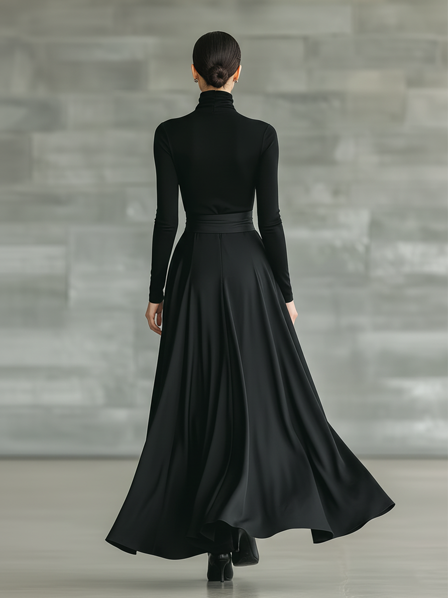 Silk Satin High-Low Maxi Skirt with Bow Belt and Turtleneck Top Set