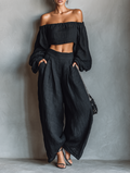 Linen Off-Shoulder Crop Top and Wide Leg Pants Set - Boho Chic Loose Fit Women's Summer Outfit