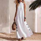 Vestido largo minimalista sin mangas de lino con detalle de botones